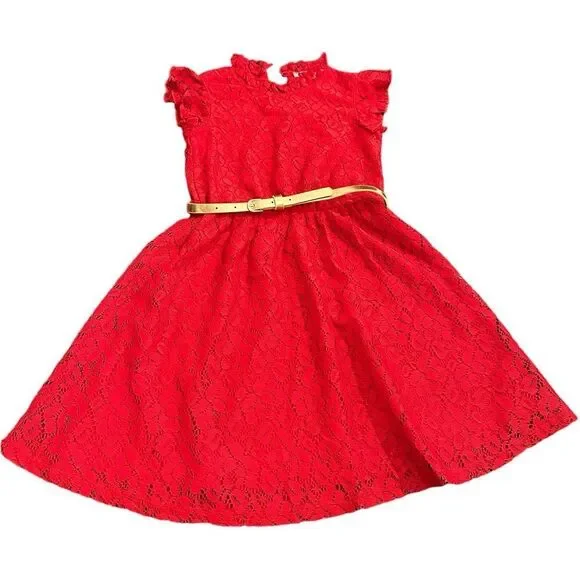 open lace back dress Girl Christmas Dress Little Girl Dress Toddler Retro Red Printed Stand Collar Formal Party Princess Dress, Red / 2-3 Years (100cm) main image 1